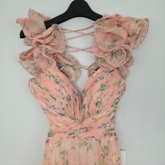 Mac Duggal Pink Ruffle Tiered Floral Cut-Out Chiffon Gown Sz 4 NWT - Picture 5 of 10